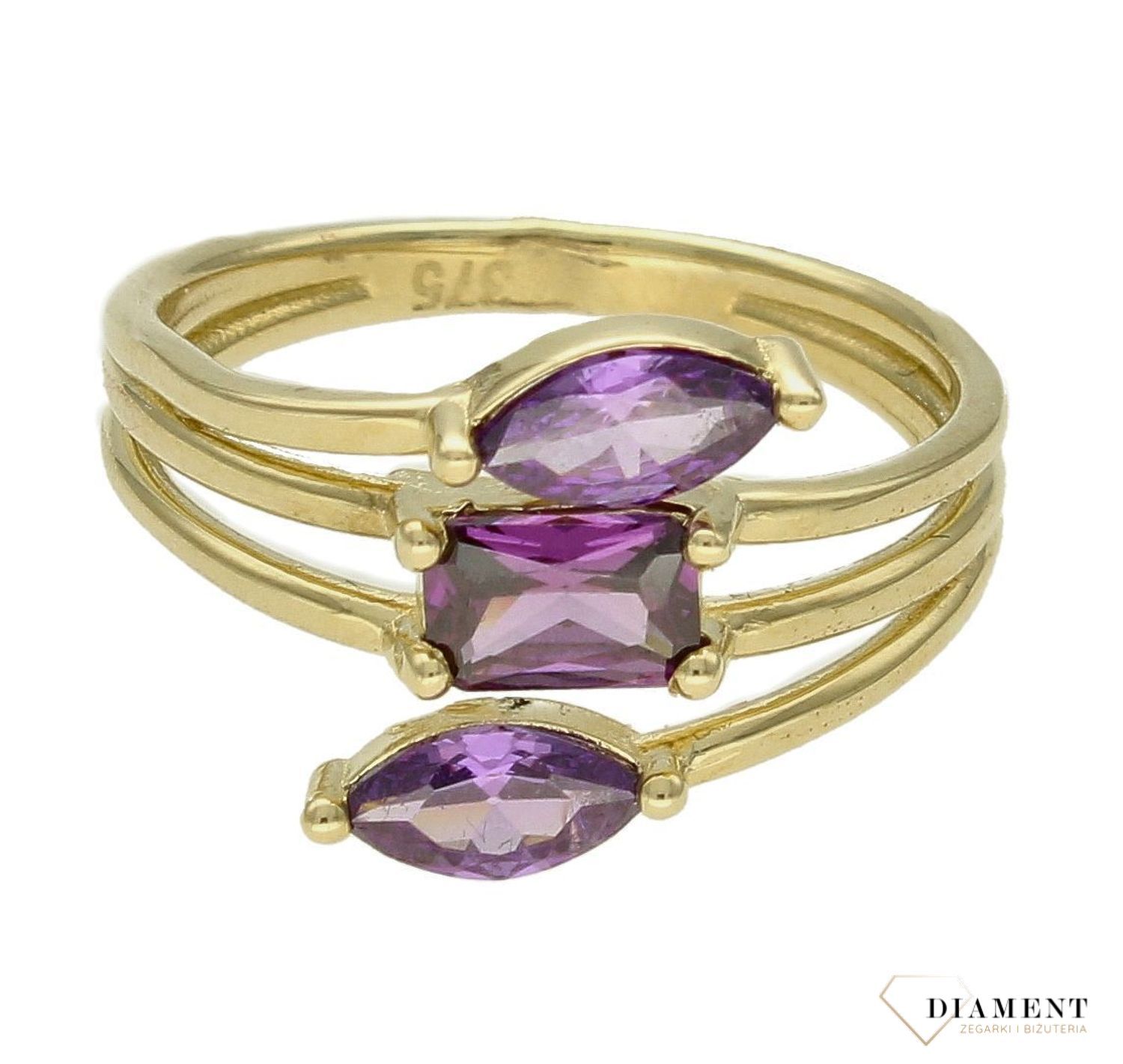 Pierścionek damski złoty spirala z fioletową cyrkonią próba 375 PI 6515 375. Złota biżuteria na prezent. Pierścionki złote na pr (2).jpg